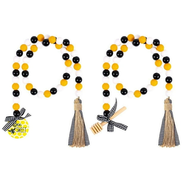 MesaSe MesaSe PENGXAING 2 Pieces Bee Wood Bead Garland with Tassels Summer  Party Decor Rustic Farmhouse Home Decorations Tiered Tray Shelf Displays 