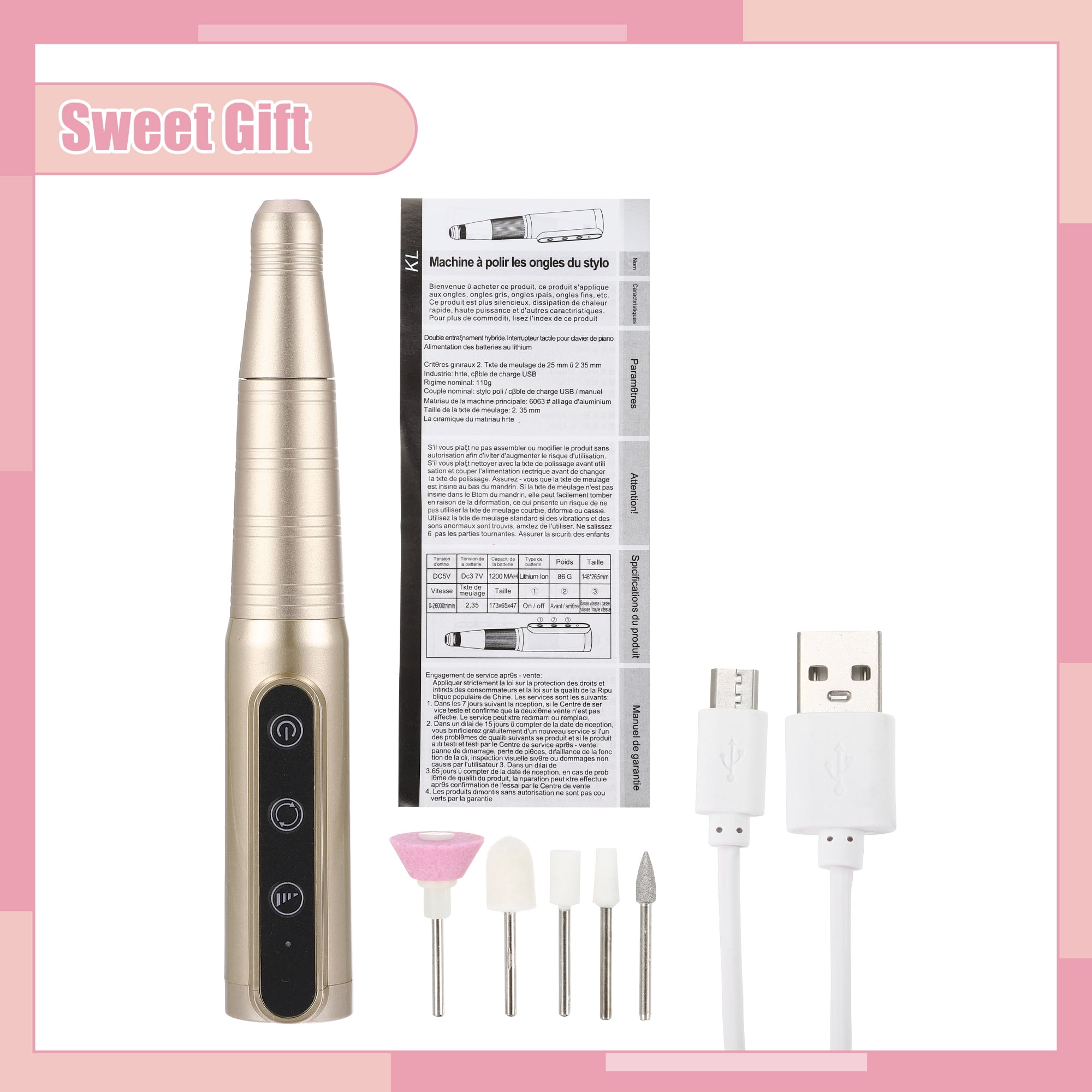 Electric Cordless Nail Drill Kit 26000RPM Nail Drill Machine Nail Drill for Manicure Polishing Gold Tone