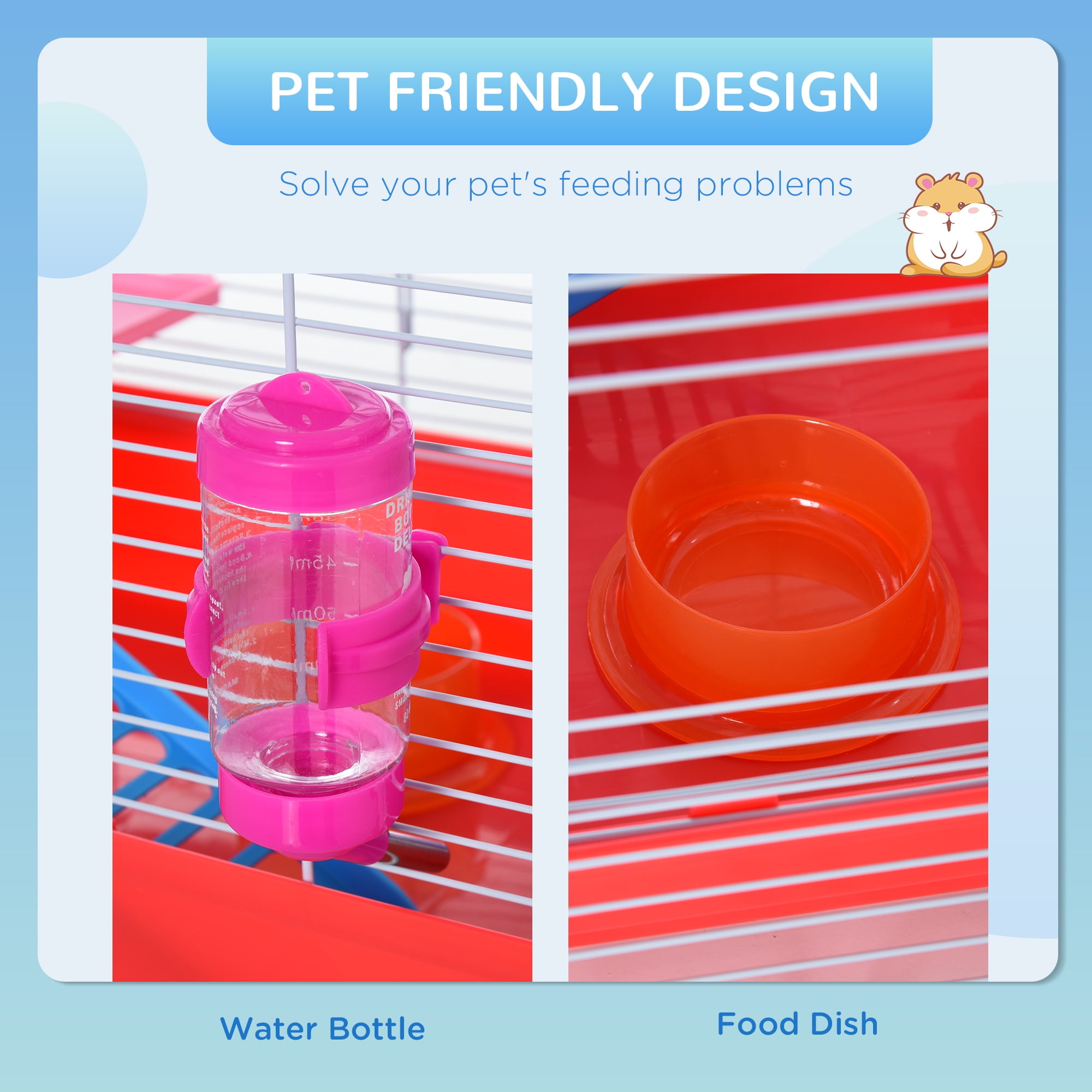 PawHut 18.5" 2-Tier Hamster Cage with Wheel and Water Bottle, Red