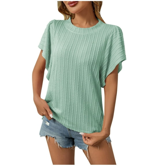 Womens Knitted Summer Tops, Short Sleeve Shirts for Women Fall Fashion Loose Fit Solid Color Ruffle Crewneck Pullover Sweaters