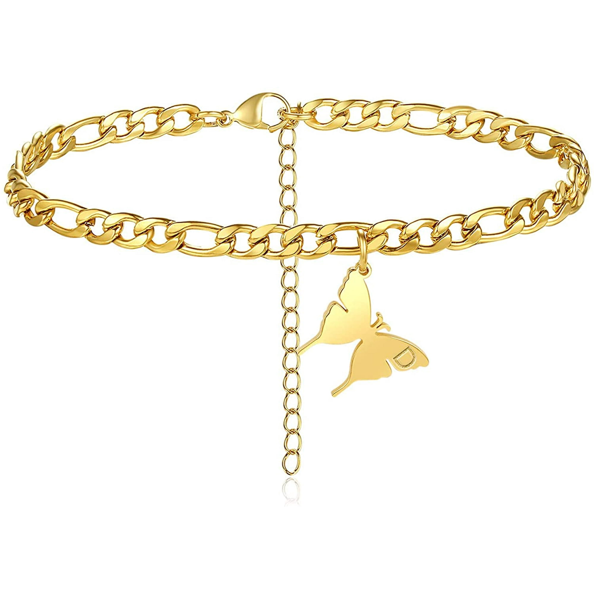 XSILA Butterfly Initial Ankle Bracelets for Women Girls 18k Gold Plated Stainless Steel Letter Anklet Length Adjustable