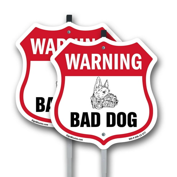 Dog Warning Shield Sign Bad Dog (2 Pack) 12 inch X 12 inch Shield Shaped Rust-Free Aluminum Metal Signs with Aluminum Mounting Stakes Weather Resistant, UV Protected for Workplace Made
