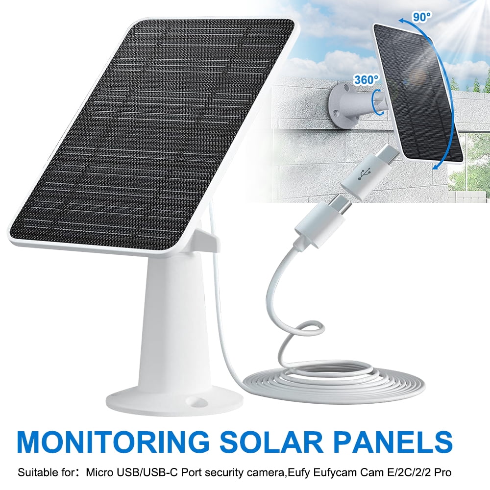 5V 4W Solar Panel, 360° Rotation Adjustable Solar Power Panel for Outdoor Camera Security Cam Compatible with Micro USB & USB-C Port, White