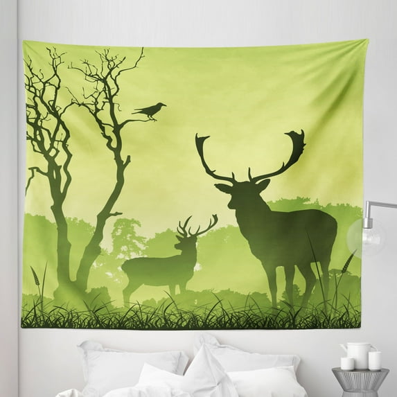 Green Tapestry, Male Deer on a Meadow with Trees and Crow Bird Woodland Mist Rural Green Country Print, Fabric Wall Hanging Decor for Bedroom Living Room Dorm, 5 Sizes, Green, by Ambesonne
