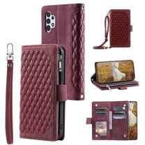 Feishell Crossbody Wallet Phone Case for Samsung Galaxy A32 5G,Luxury PU Leather Magnetic Buckle Zipper Pocket Card Slots Flip Stand Protective Cover with Hand Strap & Shoulder Strap,Winered