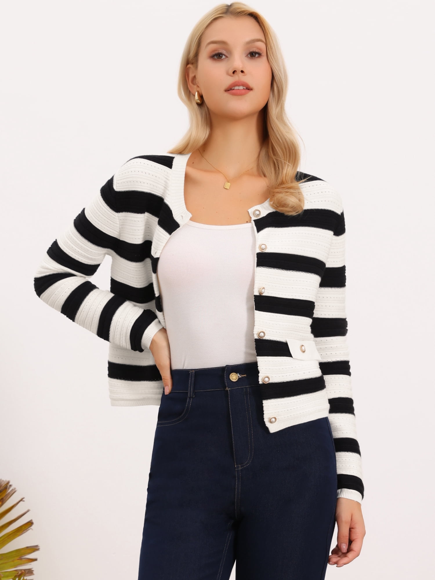 DARING DIVA Women's Striped Long Sleeve Button Down Crewneck Knit Cardigan XS Black White