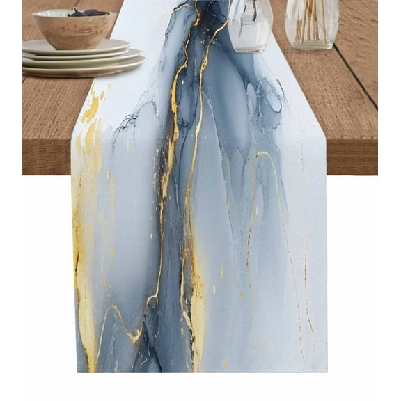 Mist Blue Marble Table Runner-Cotton Linen- 108 Inch Holiday Dresser Scarves, Abstract Gradient Gold Crack Water Tablerunner for Kitchen Coffee/Dining Bedroom Living Room Dinner Scarf Décor 13x108