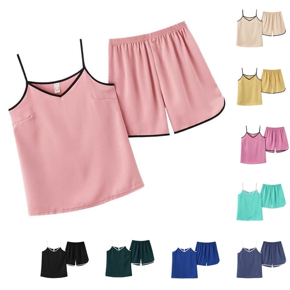 QSXADF Womens Pajama Set Tank Top & Shorts Sleepwear Set Women's Home Clothes Fashion Comfortable Solid Color Suspender Pajamas Set Sleepwear