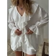 thumbnail image 2 of Women 2 Piece Outfits V Neck Ruffle Tie Front Blouse Tops Lounge Sets White M, 2 of 9