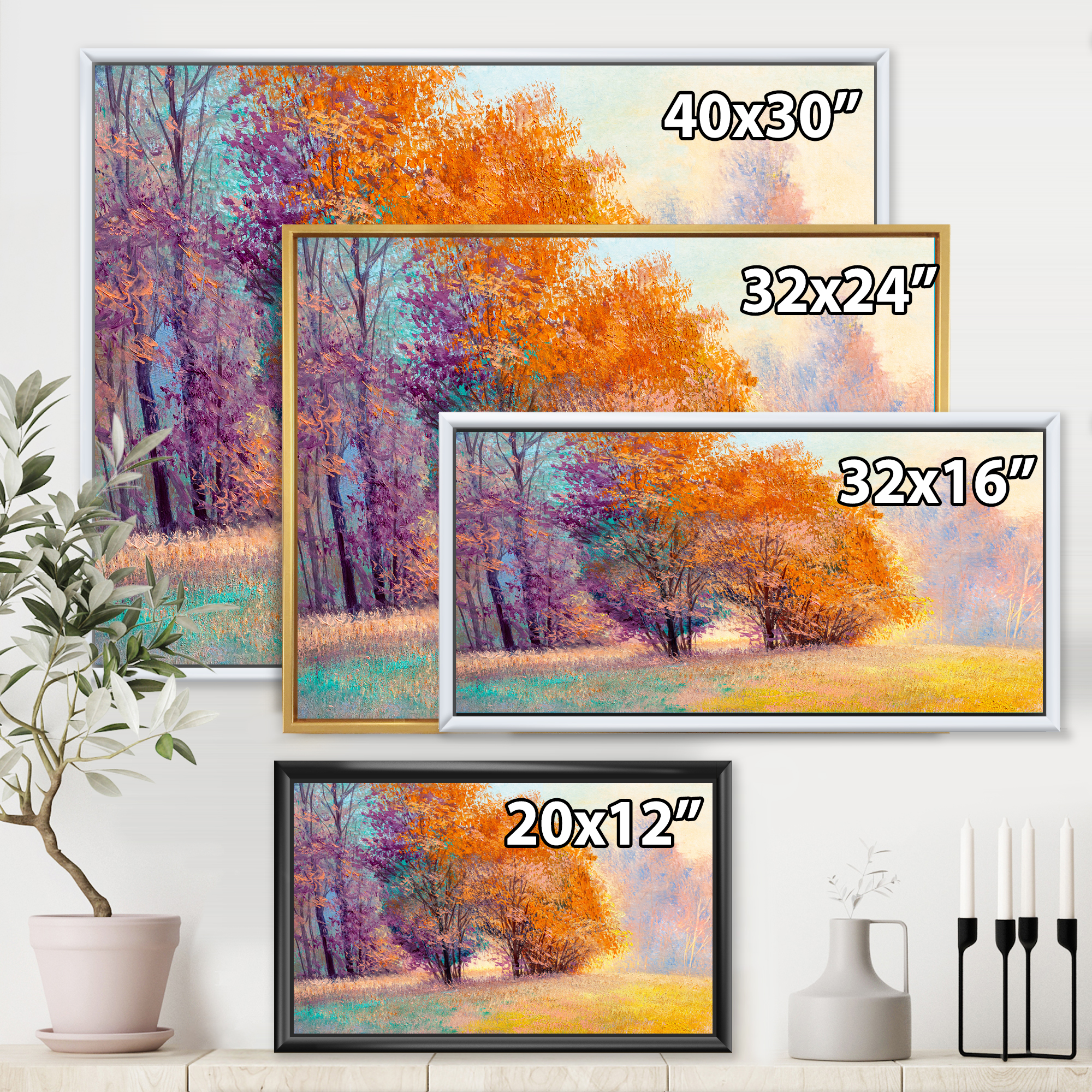 Designart 'Autumn Forest Orange Leaves Landscape' Lake House Framed Canvas Wall Art Print