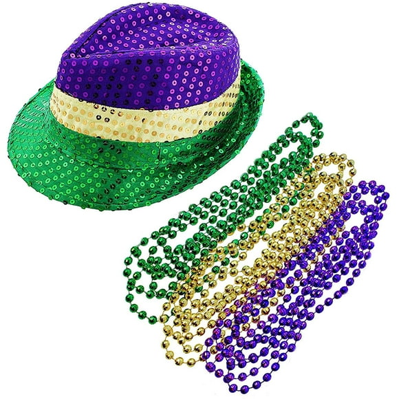 6 Pieces Colorful Mardi Gras Bead Necklace and One Mardi Gras Hat ,Sequin Fedora Hat Mardi Gras Costume for Party Decoration Supplies
