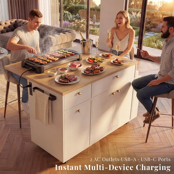 OMCHOM Kitchen Island with Rubber Wood Veneer Drop Leaf, Power Outlet, 5 Door Shelves, Embossed Vertical Stripe Rolling Kitchen Cart on 4 Wheels with 2 Deep Drawers for Kitchen, Dining Room