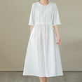 thumbnail image 3 of Efsteb Cotton Linen Dresses for Women Short Sleeve Summer Midi Dress with Pockets Casual Crew Neck Pleated Front Drawstring Tie Waist Vacation Dresses (White,M), 3 of 9