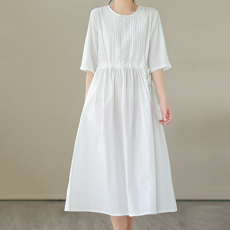 Efsteb Cotton Linen Dresses for Women Short Sleeve Summer Midi Dress with Pockets Casual Crew Neck Pleated Front Drawstring Tie Waist Vacation Dresses