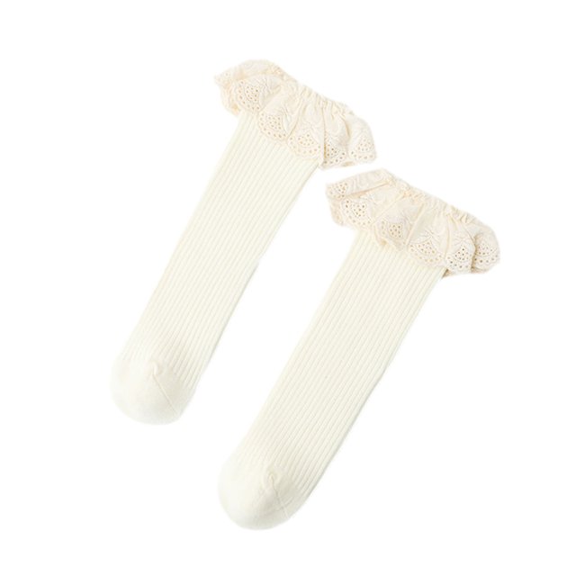 Faithtur Girl's Solid Color Knitted Socks with Ruffled Lace Decoraction, Lovely Middle Tube Scokings for Spring Autumn and Winter