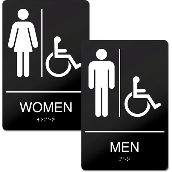 Men's Women's Room Restroom Signs with Braille, ADA Compliant Restroom Signs, Self Adhesive ABS Plastic Restroom Sign for Business 9" x 6"