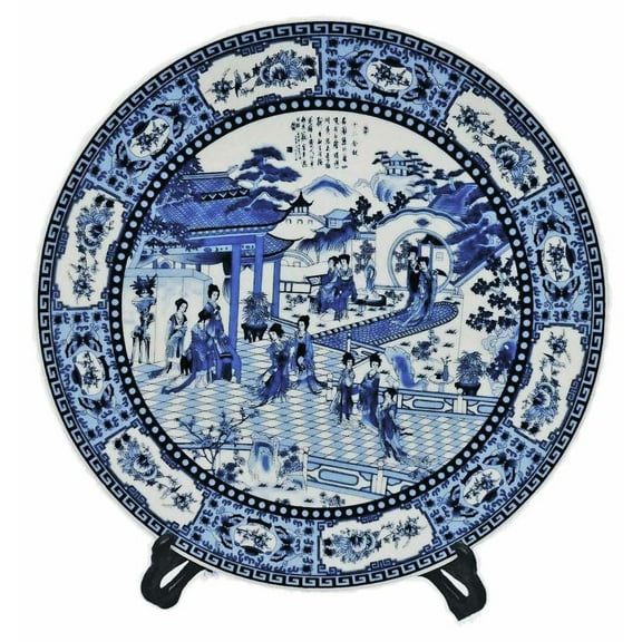 14" Chinese Porcelain Plate Painted Blue & White Lady Dancers With Stand - Oriental Furniture Warehouse