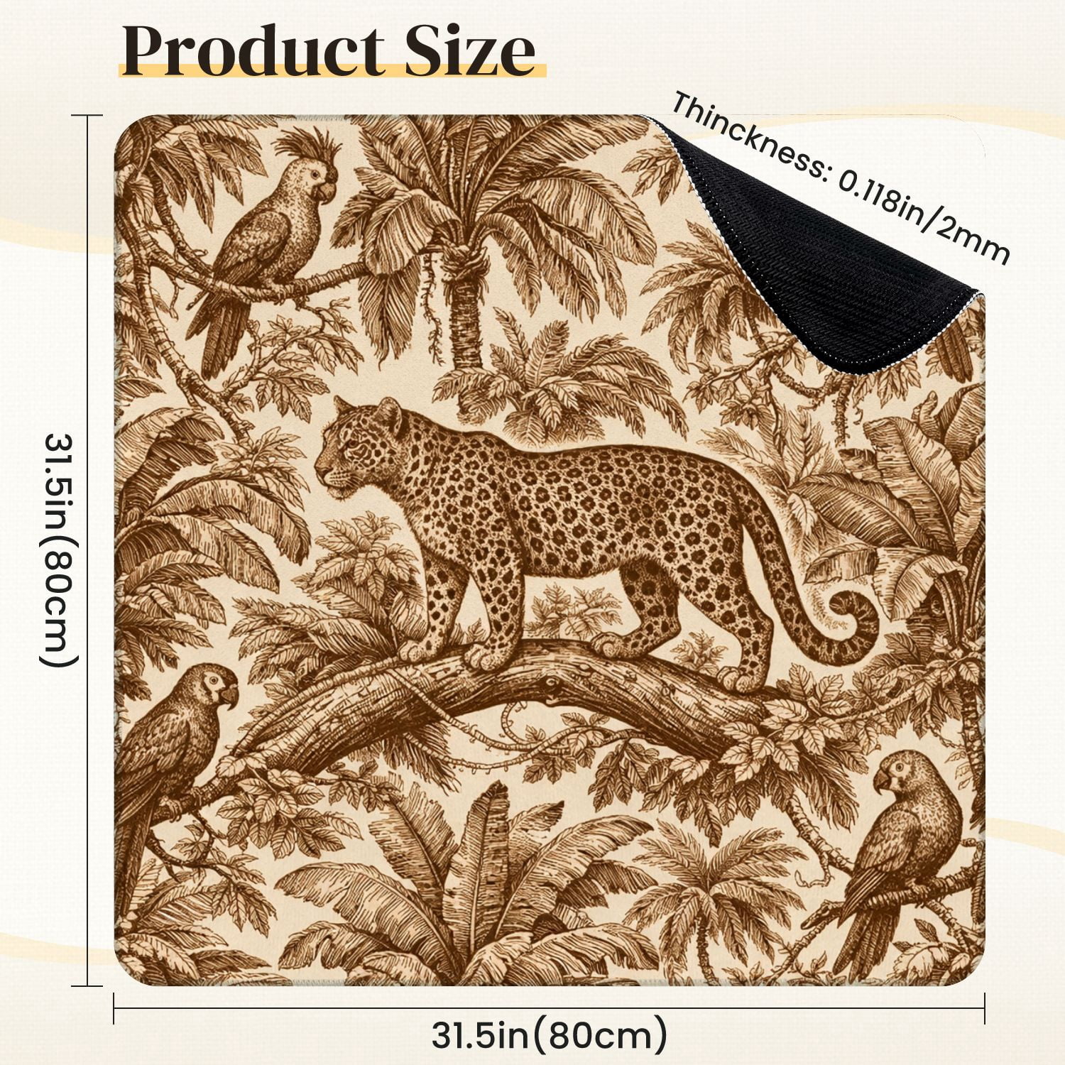 Mahjong Mat 31.5" x 31.5" Vintage Jungle Leopard Parrots Tropical Palm Trees Non-Slip Noise Reduction Mahjong Tiles Table Cover for Dominoes Poker Card Board and Tile Games