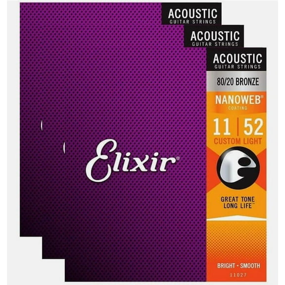 3 SETS ELIXIR 11027 NANOWEB ACOUSTIC GUITAR STRINGS LIGHT 11-52 80/20 BRONZE
