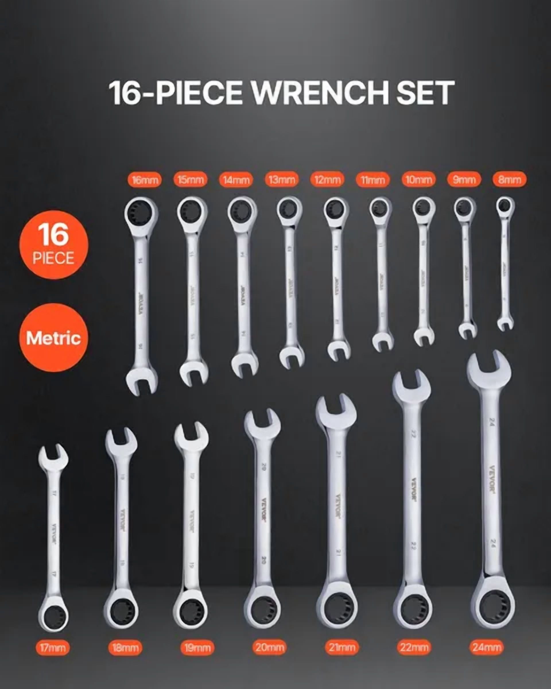 16-Piece Metric Ratcheting Wrench Set with Organizer Rack,Chrome Vanadium Steel 8mm to 24mm for Home,Garage,Workshop,Auto Repairs and Emergencies