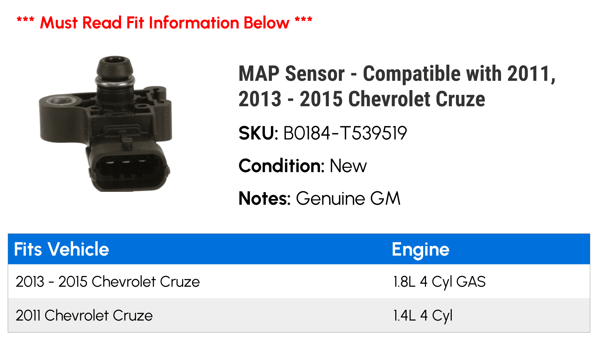 MAP Sensor - Compatible with 2011, 2013 - 2015 Chevy Cruze 2014