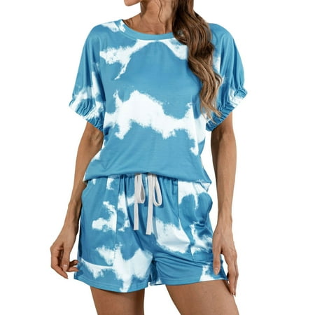 

HUBERY Women Tie-Dyed Round Neck Drawstring Short Sleeve Pocket Sleepwear Set