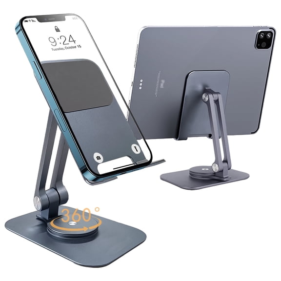 Tablet Stand for Desk, 360° Rotatable Aluminum Tablet Holder Adjustable Foldable Desktop Cell Phone Stands-Gray