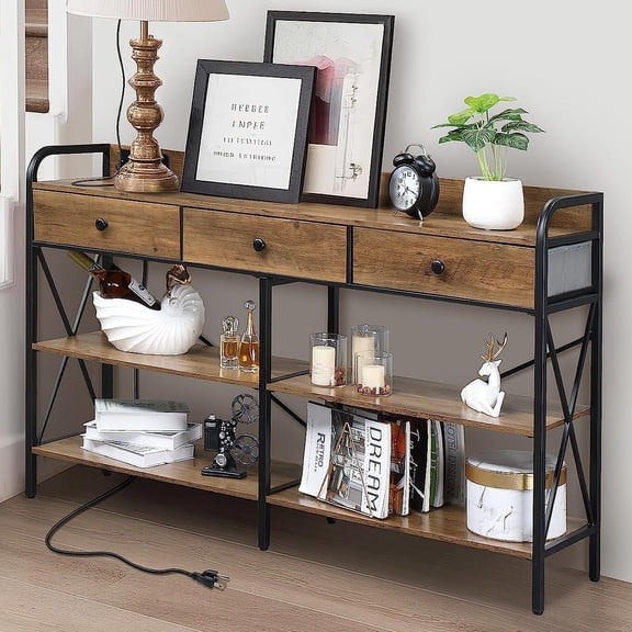 Ktaxon Console Table Sofa Table with Storage, USB Ports and Outlets, Farmhouse Entryway Table TV Stand with 3 Fabric Drawers & 3 Tiers Storage Shelves, Vintage Brown