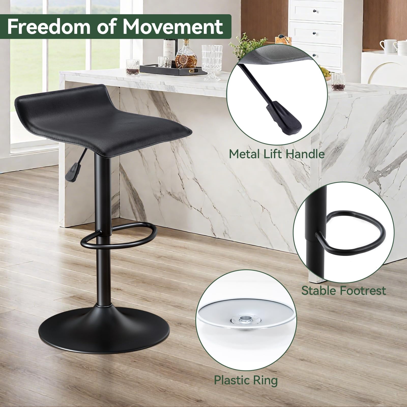 Adjustable Backless PU Leather Bar Stools Set of 2, 360° Swivel Counter Height Bar Stools with Footrest, Modern Armless Kitchen Island Chairs (Black, Black Base)
