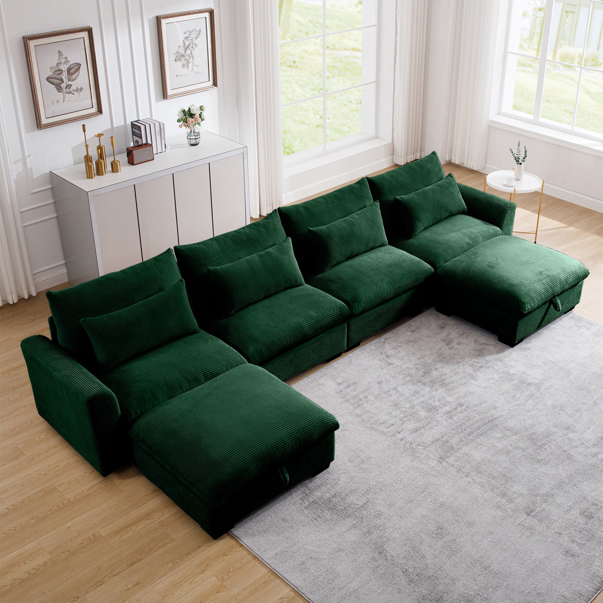 Gewnee Modular Deep Seat 157.5"Corduroy Sectional Sofa 4 Seats L Shape With 2 Storage Ottomans, Cloud Couch Oversize Sofa Couch for Living Room
