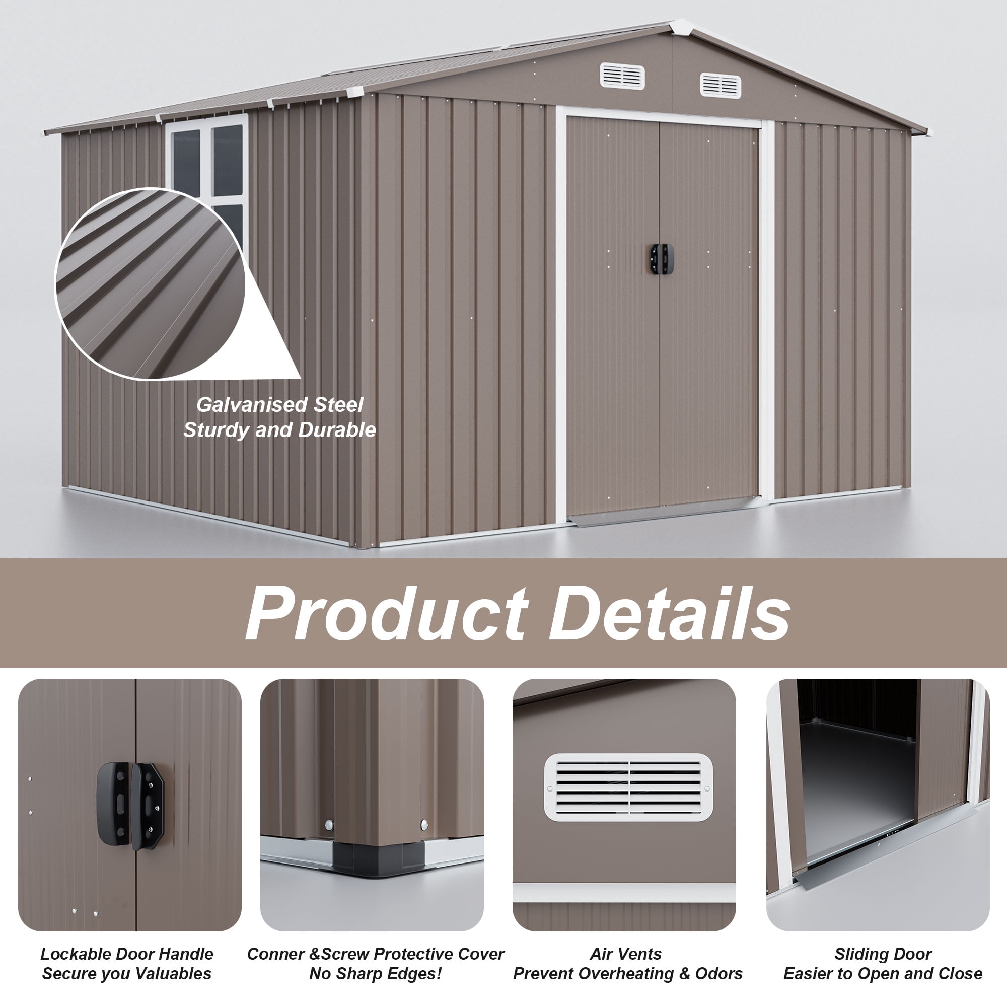 Gotland 10 x 8 FT Metal Tool Storage Shed - Waterproof Outdoor Shed with Lockable Sliding Door & Air Vents for Garden/Backyard