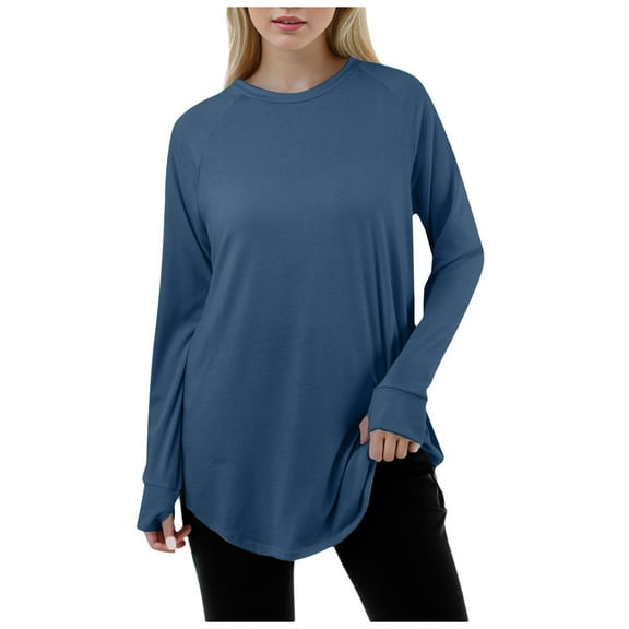 Women's T-Shirts Casual Solid Color Loose Round Neck Long Sleeve Thumb T Shirt Pullover Top for Everyday Wear and Comfort