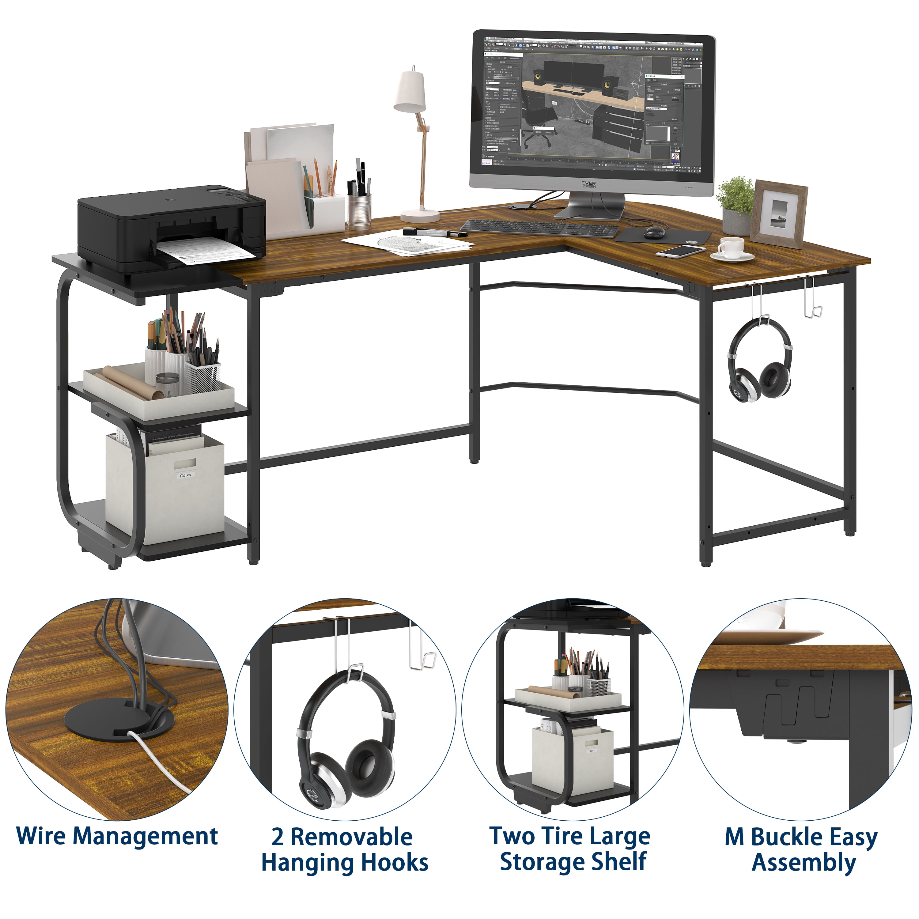 Yoneston Large 70" L-Shape Computer Desk with 2 Bookshelf Storage and Hooks, Home Office Workstation Table Furniture - Brown Teak