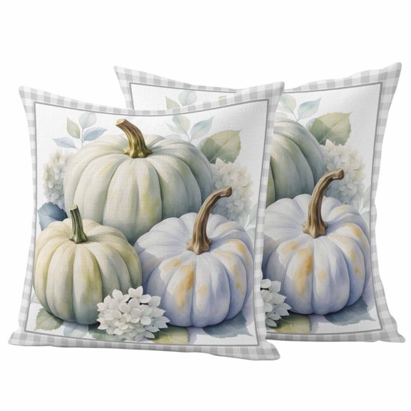 Fall White Outdoor Waterproof Pillow Covers, Thanksgiving Pumpkin Flower Floral Leaf Decorative Square Throw Pillowcase Sofa Cushion Sham for Patio/Couch/Chair, 16"x16" 2 Pack