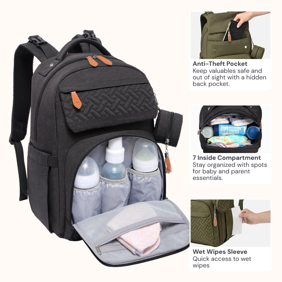 BabbleRoo Travel Diaper Bag Backpack, with Premium Changing Pad Set – Black