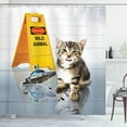 thumbnail image 1 of Animal Shower Curtain, Cute Flirty Adorable Kitten on the Floor with UFO and Warning Sign Art Print Image, Fabric Bathroom Set with Hooks, 69W X 84L Inches Extra Long, Multicolor, by Ambesonne, 1 of 3