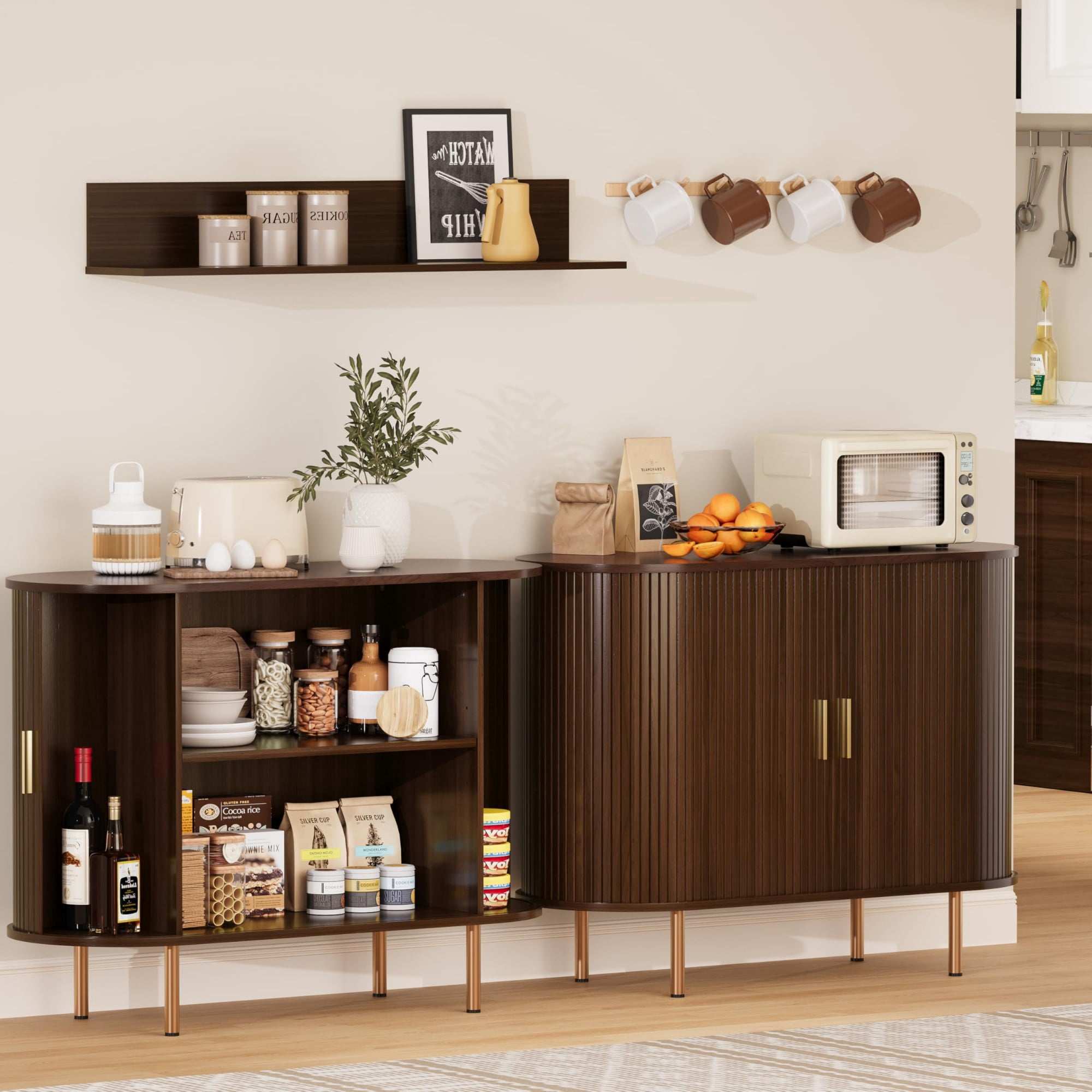 Mid Century Modern Sideboard Buffet Cabinet, 39 Inch Fluted Coffee Bar Console with Tambour Sliding Doors, Walnut