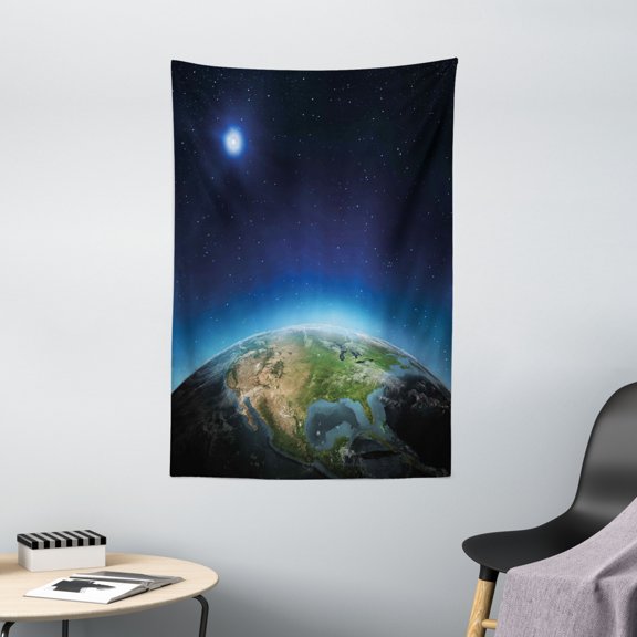 Earth Tapestry, North America Continent on Globe Earth Galaxy Milky Way Realistic View, Wall Hanging for Bedroom Living Room Dorm Decor, 40W X 60L Inches, Indigo Pale Blue Green, by Ambesonne