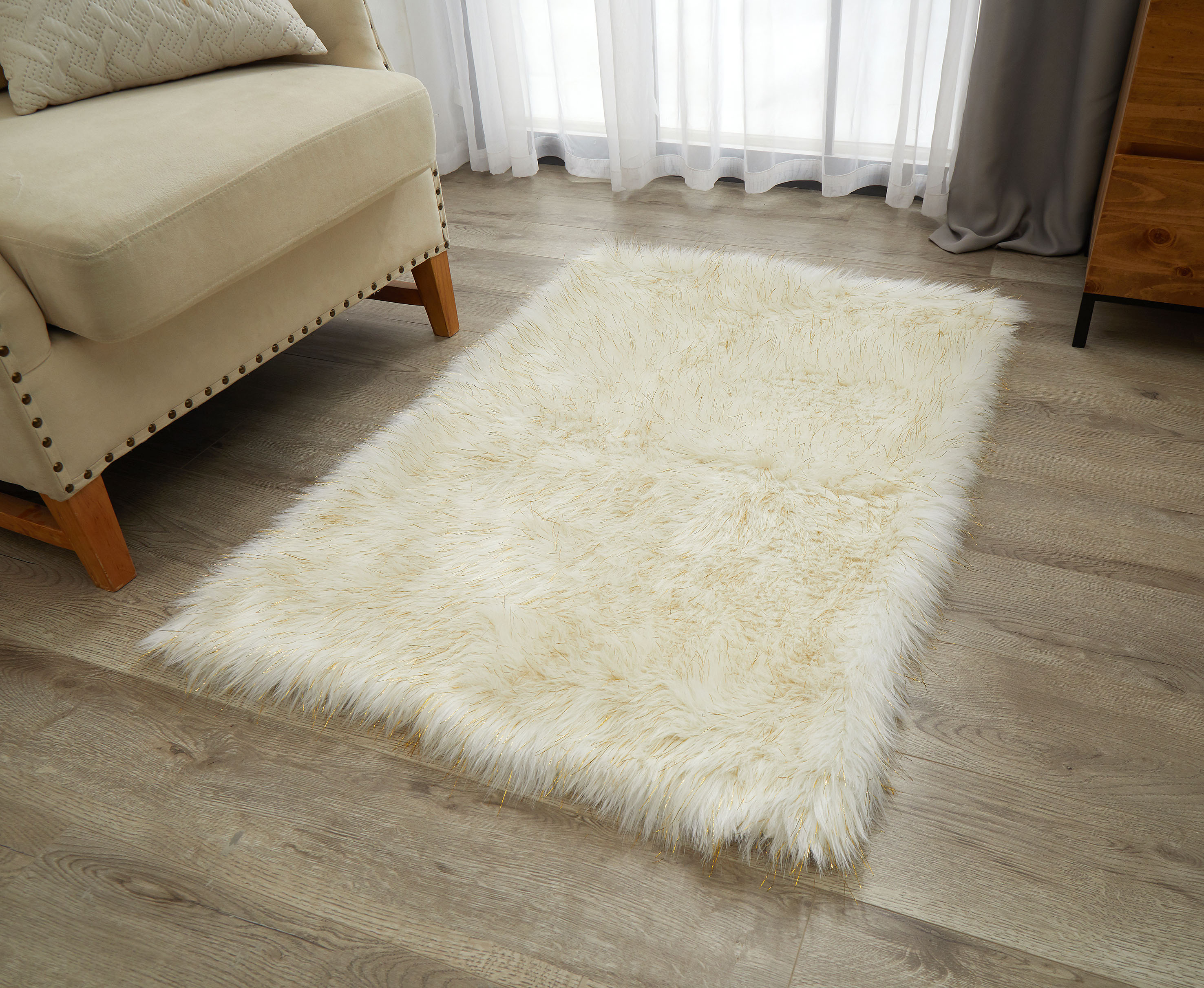 Lanco Fluffy Sheepskin Faux Fur Shag Area Rug, White, 30x46 
