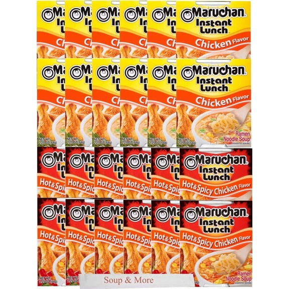 Maruchan Ramen Instant Cup Noodles 24 Count - 12 Chicken Flavor & 12 Hot & Spicy Chicken Flavor Lunch / Dinner Variety, 2 Flavors