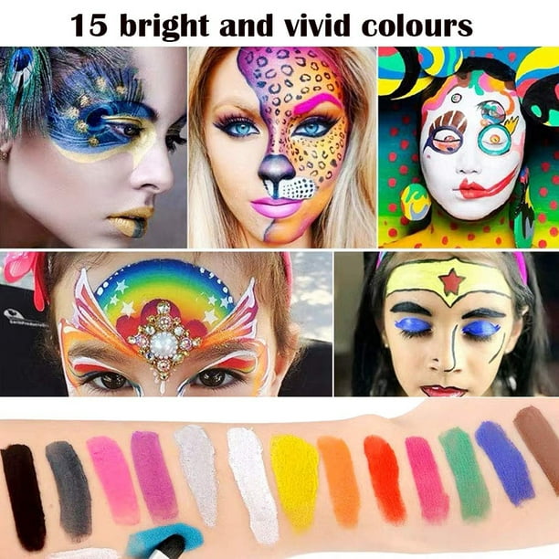 Couleurs de Maquillage pour Enfants, Palette de Maquillage 15 Couleurs 2  Stylos + 4 Modèles de Peinture pour le Visage des Enfants pour les Fêtes  d'Enfants et la Peinture de Carnaval 