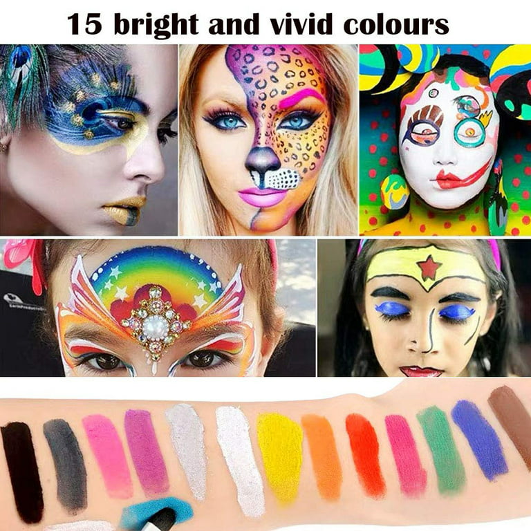 15 Colors Face Paint Kit with 2 Brushes Washable Face Body Painting Palette  Safe Hypoallergenic Facepaint for Children and Adults Christmas Makeup  Birthday Costume Party Supplies 