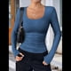 thumbnail image 5 of Camisas de Larga con Cuello Redondo para Mujer, Blusas Informales de Punto Acanalado de Corte Ajustado, Camisetas Básicas de Trabajo para Verano y Otoño. Azul XXL, 5 of 9