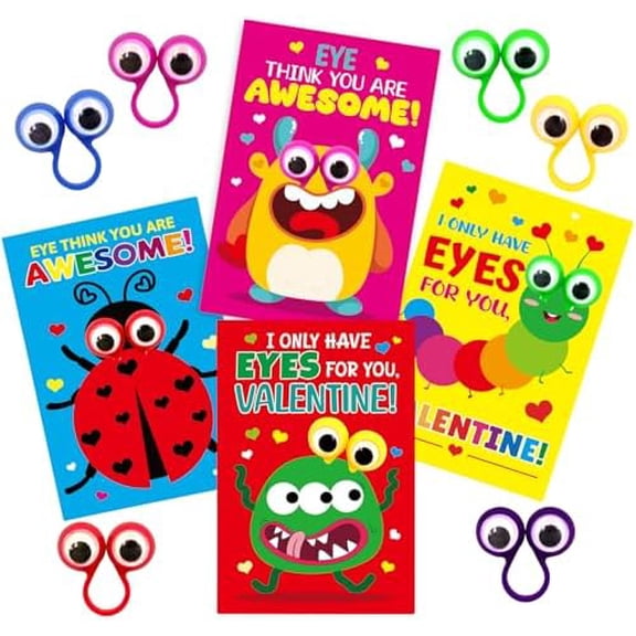 Valentine’s Day Cards Kids Valentine Eye Finger Puppets with Greeting Card Googly Eye Ring Toys Gift Set for Boy Girl School Classroom Exchange Supplies Party Favors 28Pcs$$Office