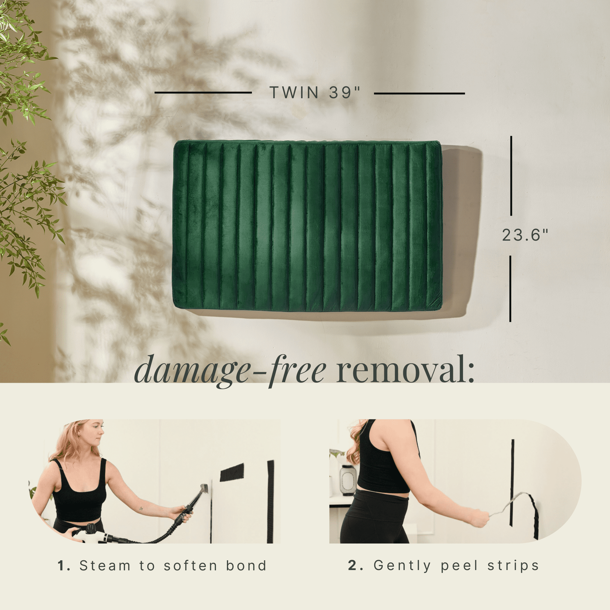 Virtu Twin Headboard No Tools Required Peel and Stick Upholstered Velvet Bed Headboard Only, Green
