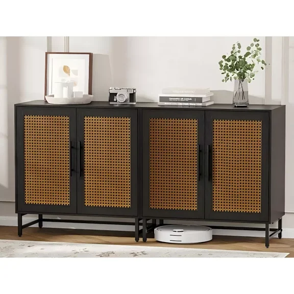 EXRACING 2 Storage Cabinet with Rattan Doors, Free Standing Buffet Cabinet, Black
