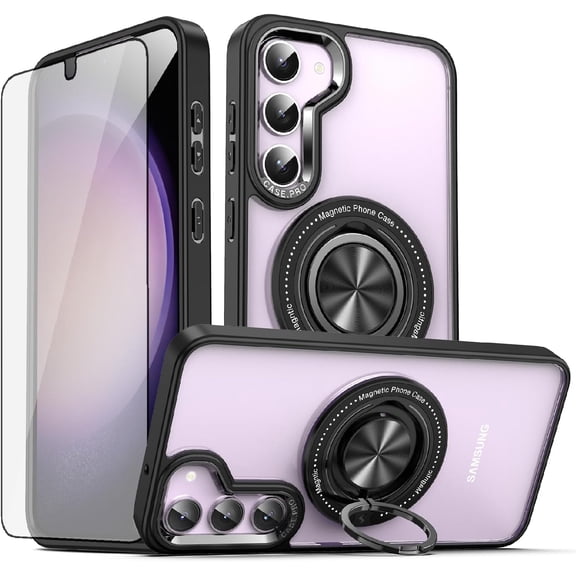 Phone Case for Samsung Galaxy S23 5G Clear Transparent TPU Cell Cover with Tempered Glass Screen Protector and Slim Magnetic Ring Holder Stand S 23 23S GS23 G5 SM-S911U 6.1 inch Women Black