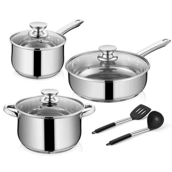Walchoice 8-Piece Stainless Steel Cookware Set, Kitchen Pots and Pans Set with Glass Lid for Cooking, Kitchen Cookware Set with Utensils, Induction & Dishwasher Safe, Silver