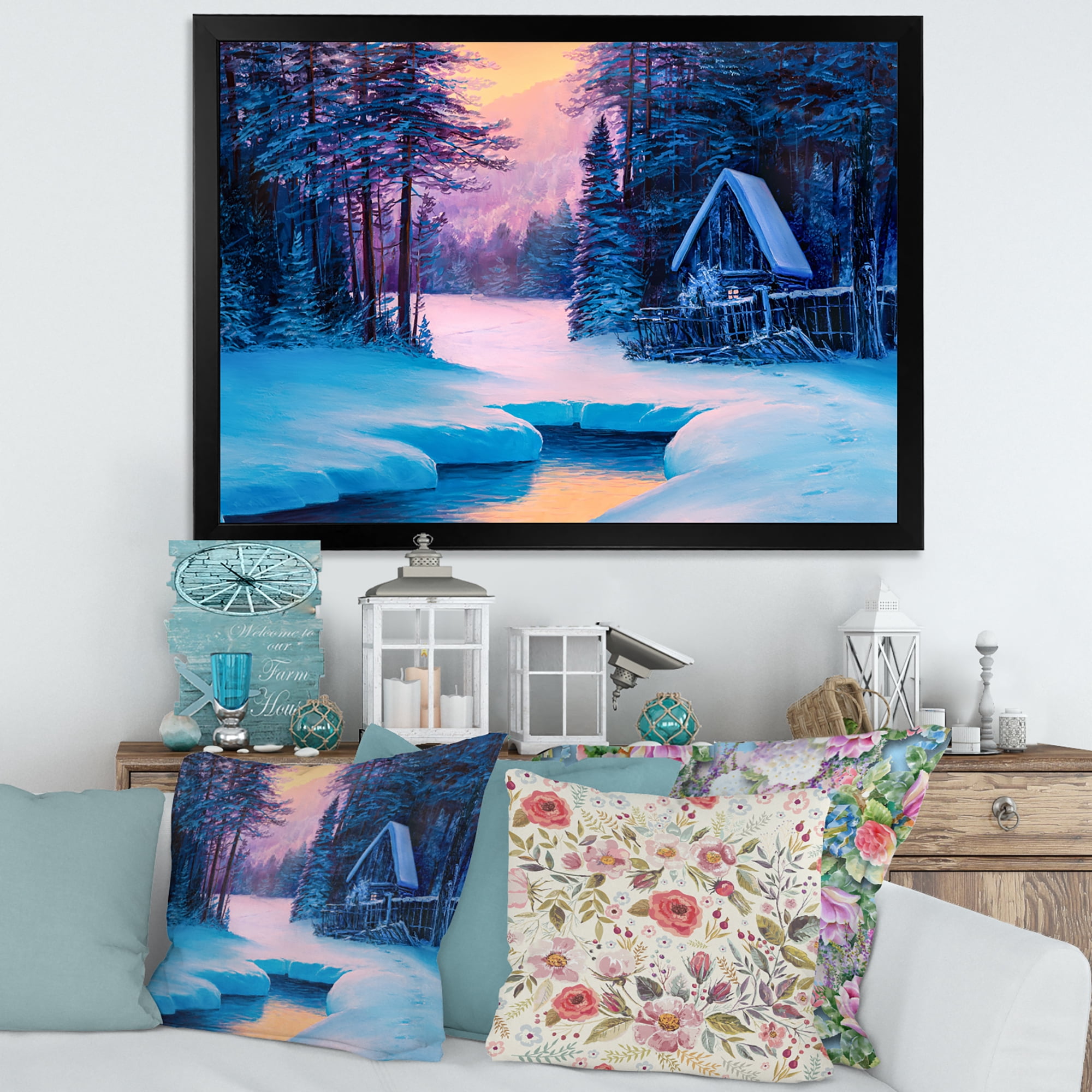Designart 'The River House In The Woods and Winter Landscape II' Lake House Framed Art Print