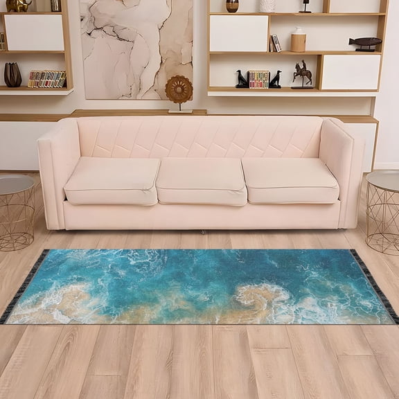 Beach Ocean Runner Rug Non-Slip Area Rugs Linen Washable Non Shedding for Kitchen Bedroom Carpet